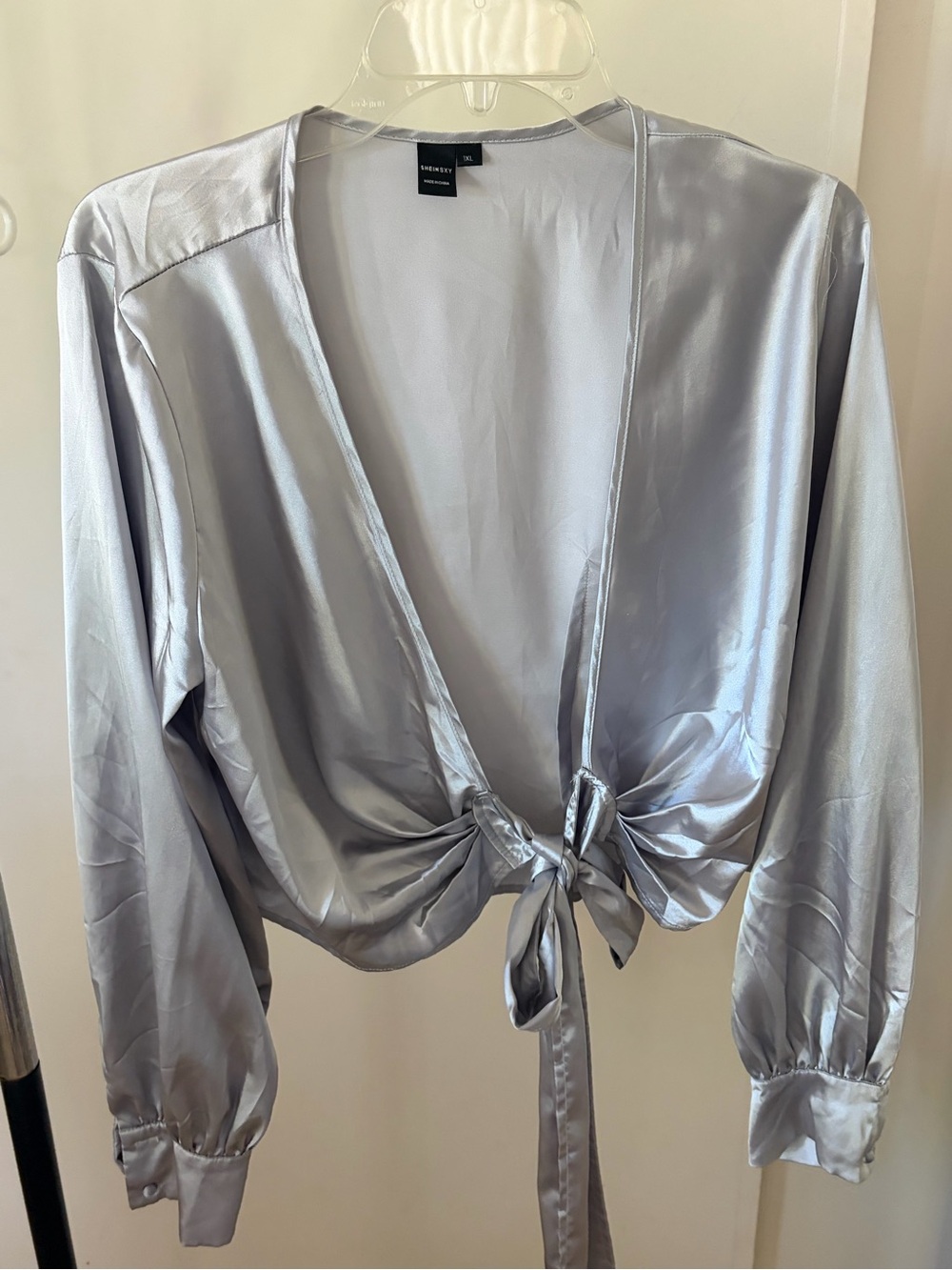SHEIN Silky V-Neck Tie-Front Blouse in Light Silver